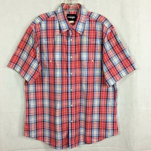 Wrangler Shirt Mens Sz L‎ Vintage Red Tartan Plaid Short Sleeve Snap Button Up